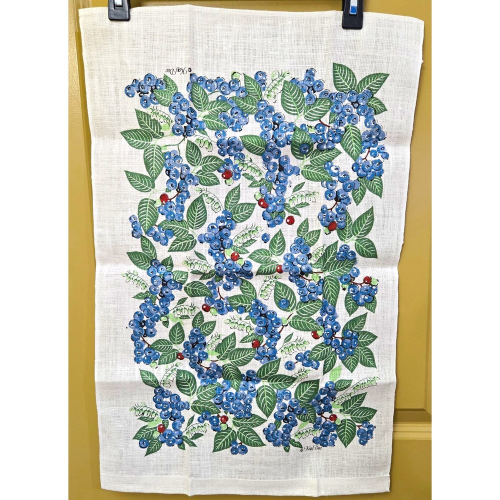 Vintage Kay Dee Handprints Pure Linen Tea Towel Blueberry Botanical Marge French